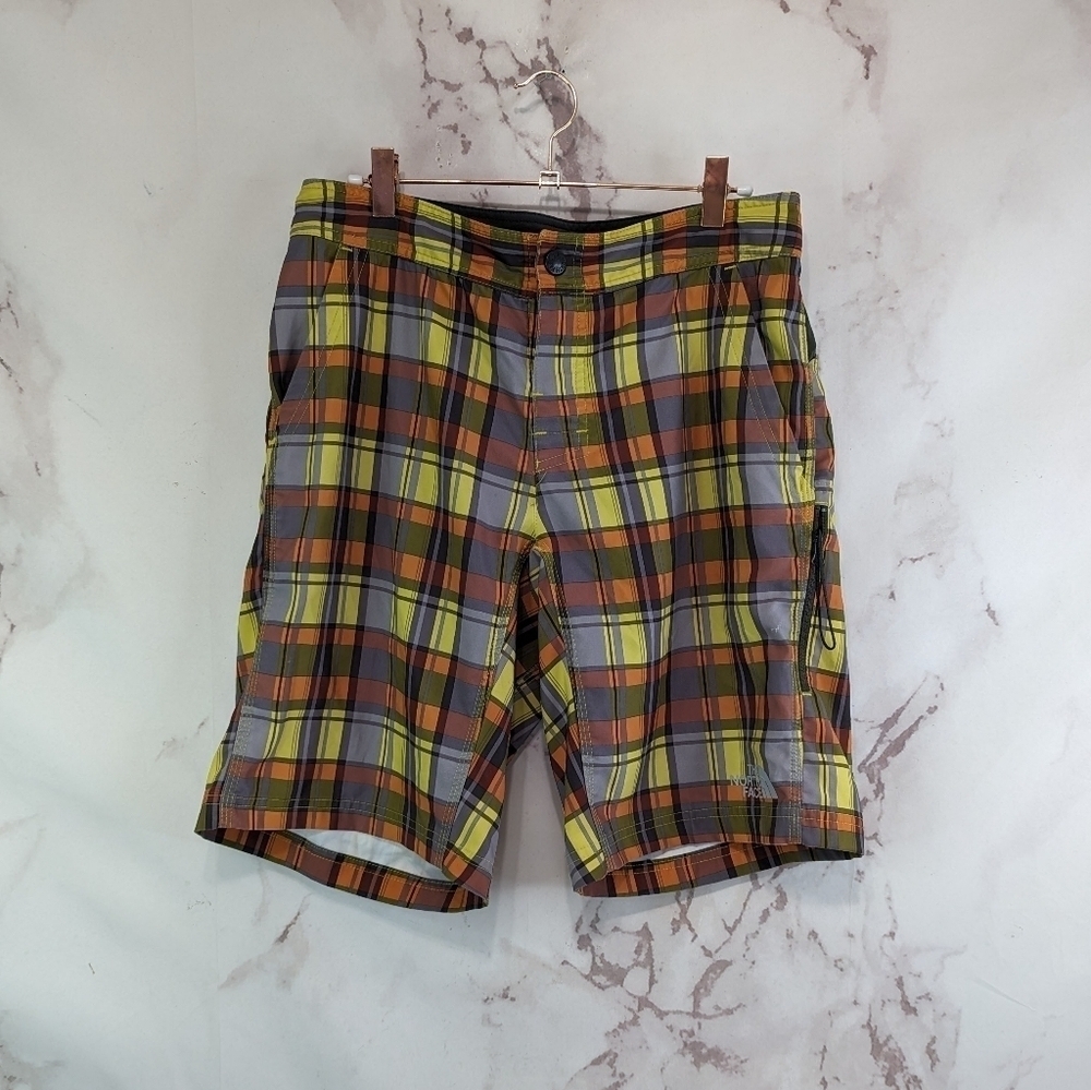 The North Face Board Shorts Mens 30 Orange Gray Swim Trunks Hybrid Plaid